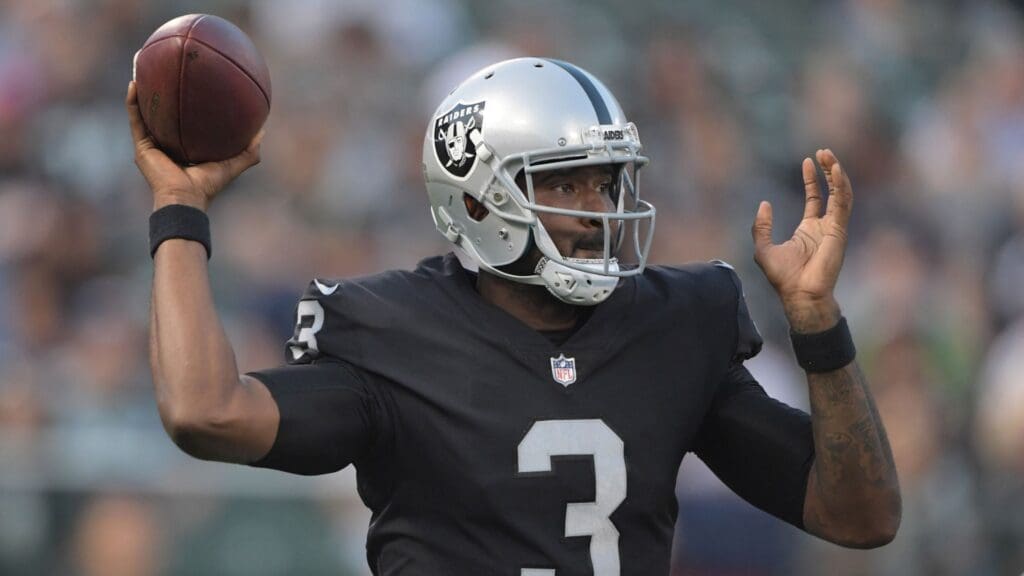 Aug 31, 2017; Oakland, CA, USA; Oakland Raiders quarterback E.J. Manuel (3) throws a pass against the Seattle Seahawks during a NFL football game at Oakland-Alameda County Coliseum
