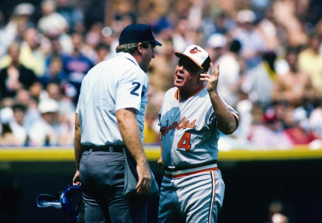 Unknown date and location; USA; FILE PHOTO; Baltimore Orioles manager Earl Weaver argues with an umpire.