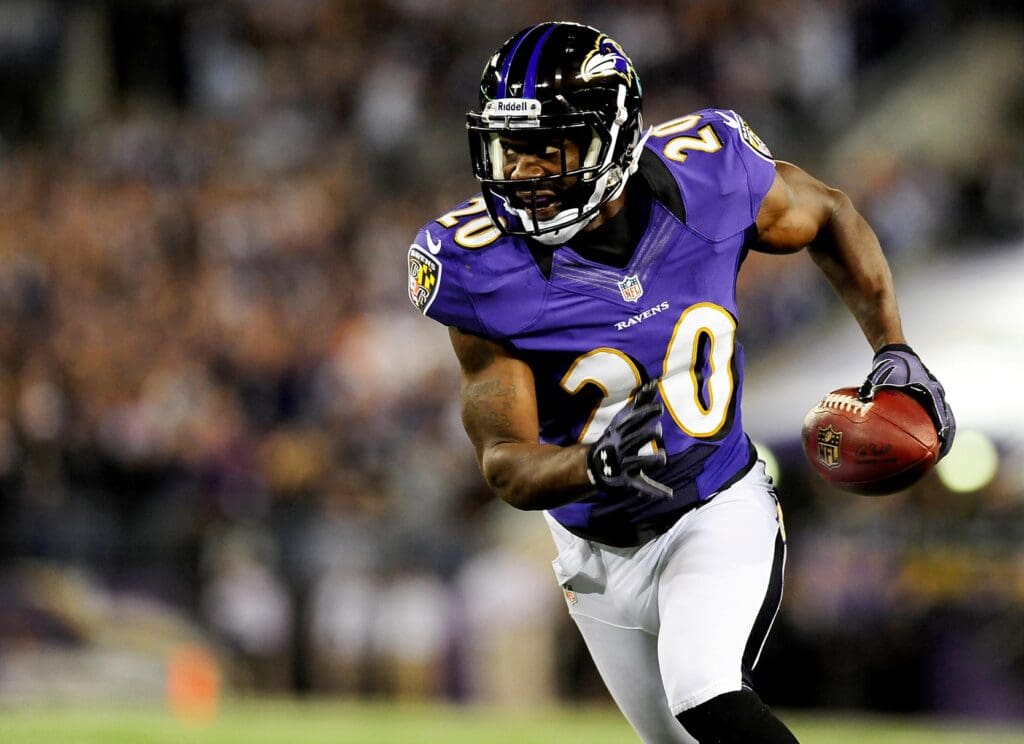 September 10, 2012; Baltimore, MD, USA; Baltimore Ravens safety Ed Reed (20) scores a touchdown on an interception return during the game against the Cincinnati Bengals at M&T Bank Stadium.