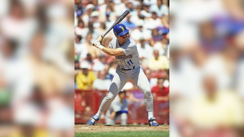 May 22, 1990; Milwaukee, WI, USA; FILE PHOTO; Seattle Mariners third baseman Edgar Martinez (11) at bat against the Milwaukee Brewers at County Stadium.