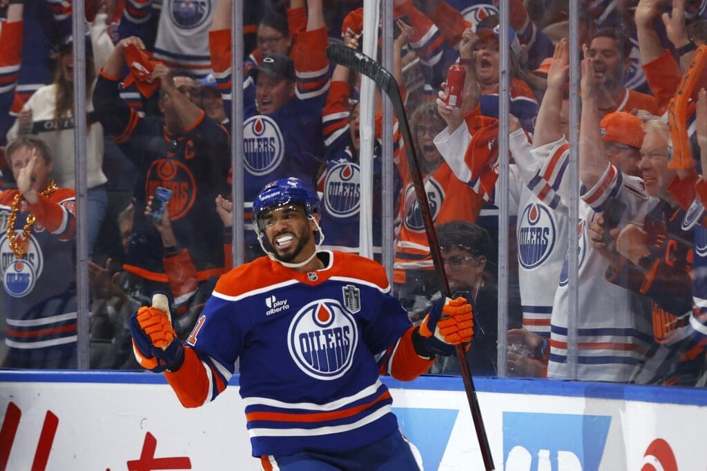 Jun 6, 2025; Edmonton, Alberta, CAN; Edmonton Oilers left wing Evander Kane (91) reacts after scoring a goal against the Florida Panthers during the first period in game two of the 2025 Stanley Cup Final at Rogers Place.