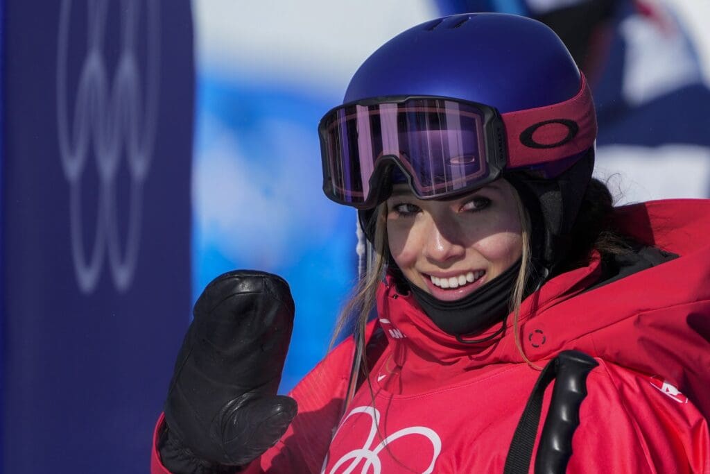 Feb 18, 2022; Zhangjiakou, China; Ailing Eileen Gu (CHN) in the Womens Freestyle skiing Halfpipe Final Run 1 during the Beijing 2022 Olympic Winter Games at Genting Snow Park.