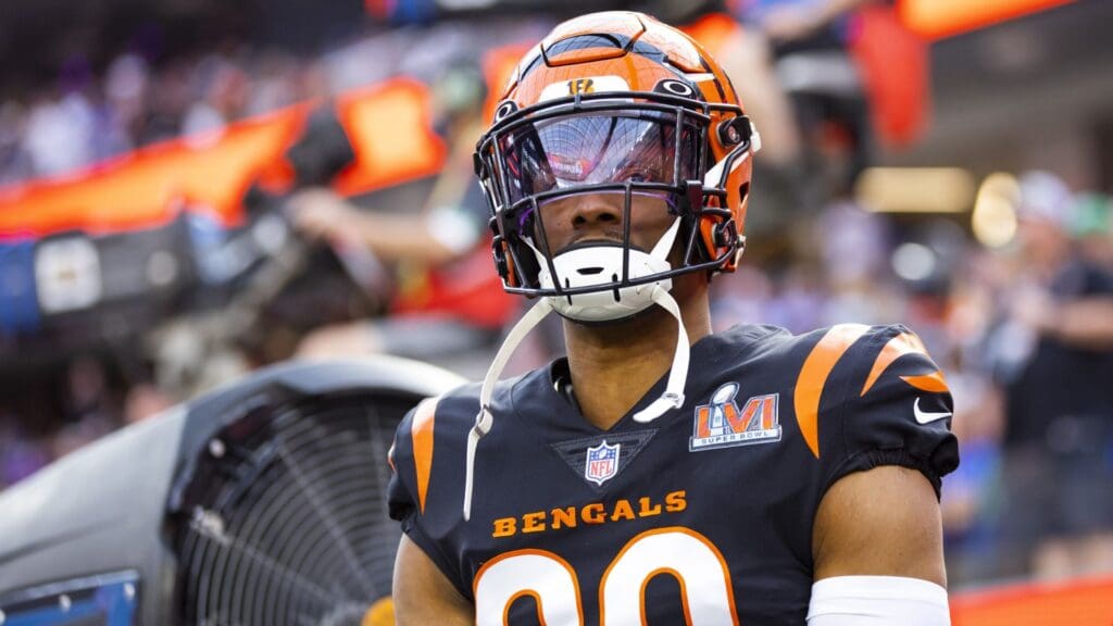 Feb 13, 2022; Inglewood, CA, USA; Cincinnati Bengals cornerback Eli Apple (20) against the Los Angeles Rams during Super Bowl LVI at SoFi Stadium