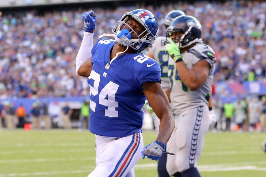 Oct 22, 2017; East Rutherford, NJ, USA; New York Giants corner back Eli Apple (24) reacts after breaking up a pass in the end zone during the second quarter against the Seattle Seahawks at MetLife Stadium