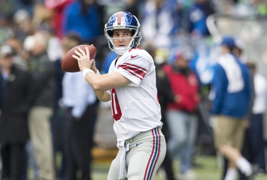Nov 9, 2014; Seattle, WA, USA; New York Giants quarterback Eli Manning (10) during pre game warmups prior to the game against the Seattle Seahawks at CenturyLink Field