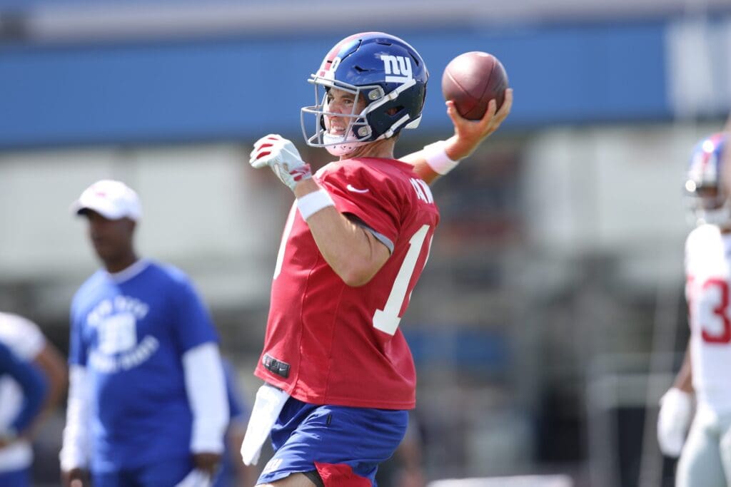 Eli Manning is shown at Giants practice, Thursday, July 25, 2019. Giants Football