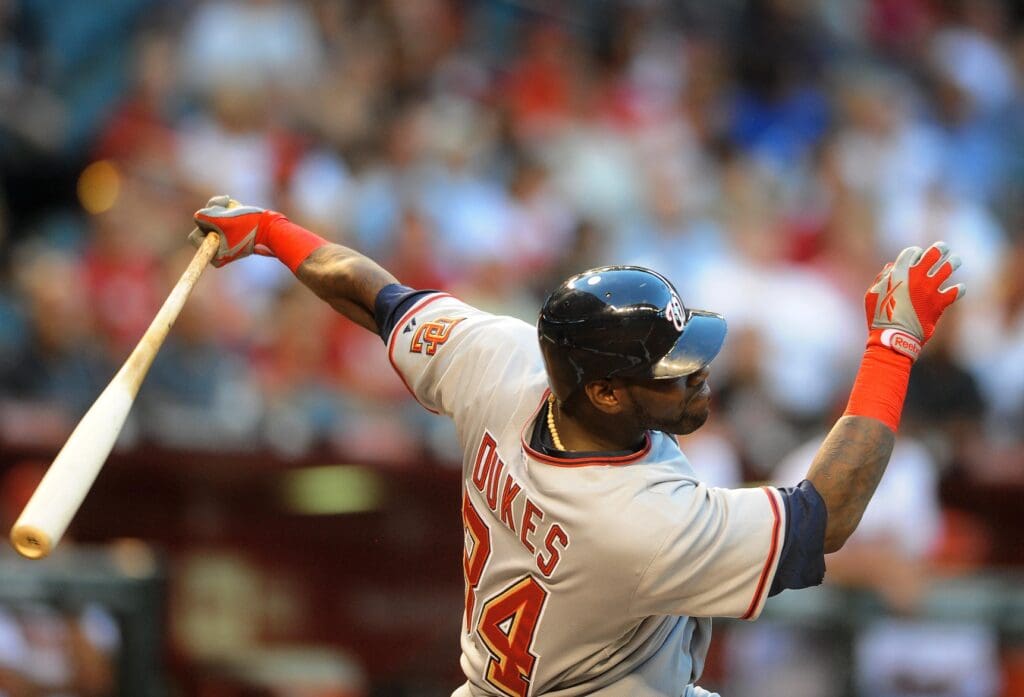 May 8, 2009; Phoenix, AZ, USA; Washington Nationals batter Elijah Dukes swings against the Arizona Diamondbacks at Chase Field.