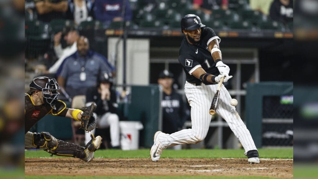 Sep 29, 2023; Chicago, Illinois, USA; Chicago White Sox shortstop Elvis Andrus (1) singles against the San Diego Padres during the eight inning at Guaranteed Rate Field.