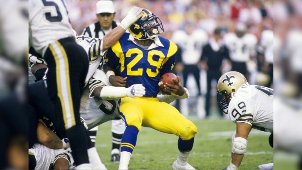 Dec 2, 1984; Anaheim, CA, USA: FILE PHOTO; Los Angeles Rams running back Eric Dickerson (29) in action against the New Orleans Saints at Anaheim Stadium.