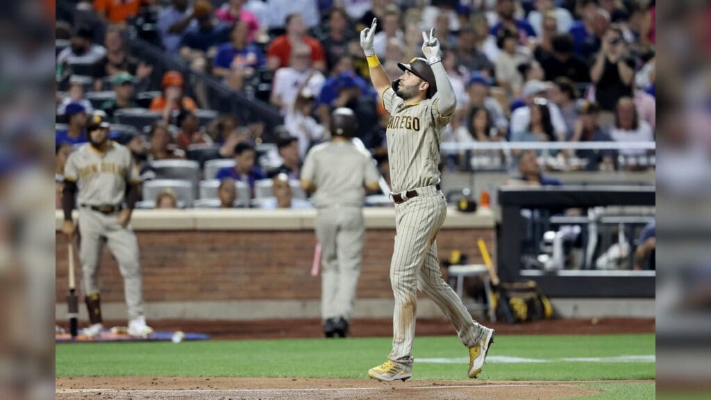 Jul 22, 2022; New York City, New York, USA; San Diego Padres first baseman Eric Hosmer (30) reacts as he scores after hitting a two run home run against the New York Mets during the fourth inning at Citi Field.
