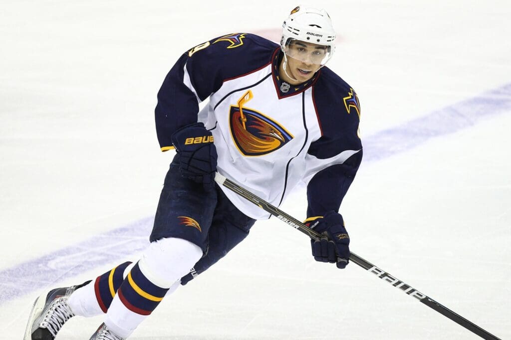 Feb 7, 2011; Toronto, ON, Canada; Atlanta Thrashers left wing Evander Kane (9) in action against the Toronto Maple Leafs at the Air Canada Centre. The Maple Leafs beat the Thrashers 5-4.