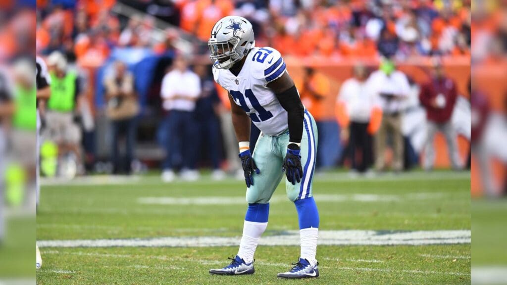 Sep 17, 2017; Denver, CO, USA; Dallas Cowboys running back Ezekiel Elliott (21) during the second half against the Denver Broncos at Sports Authority Field at Mile High.