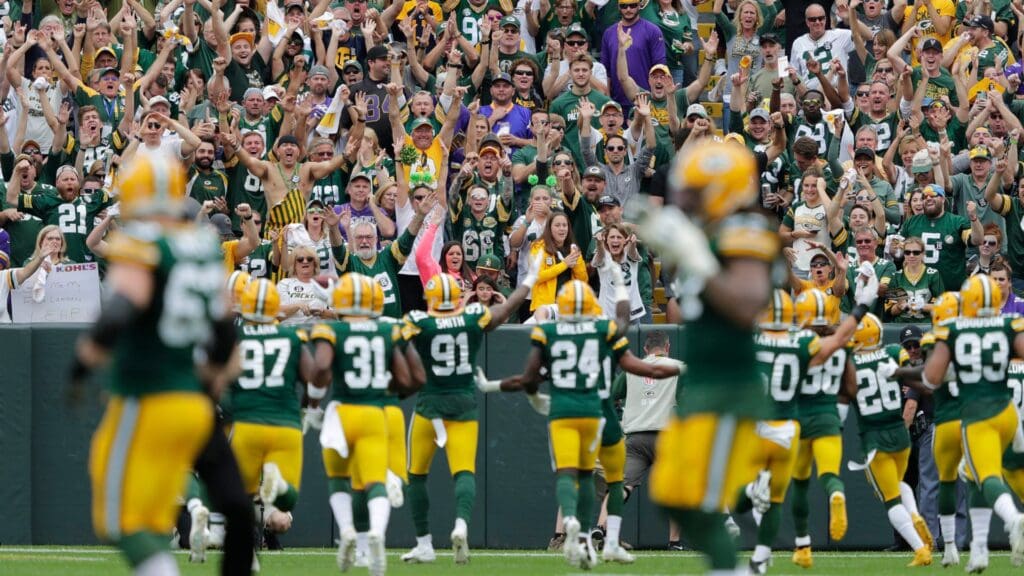 Sep 15, 2019; Green Bay, WI, USA; Fans celebrate an interception by Green Bay Packers outside linebacker Preston Smith (91) in the second quarter during their football game against the Minnesota Vikings on Sunday, September 15, 2019, at Lambeau Field in Green Bay, Wis.