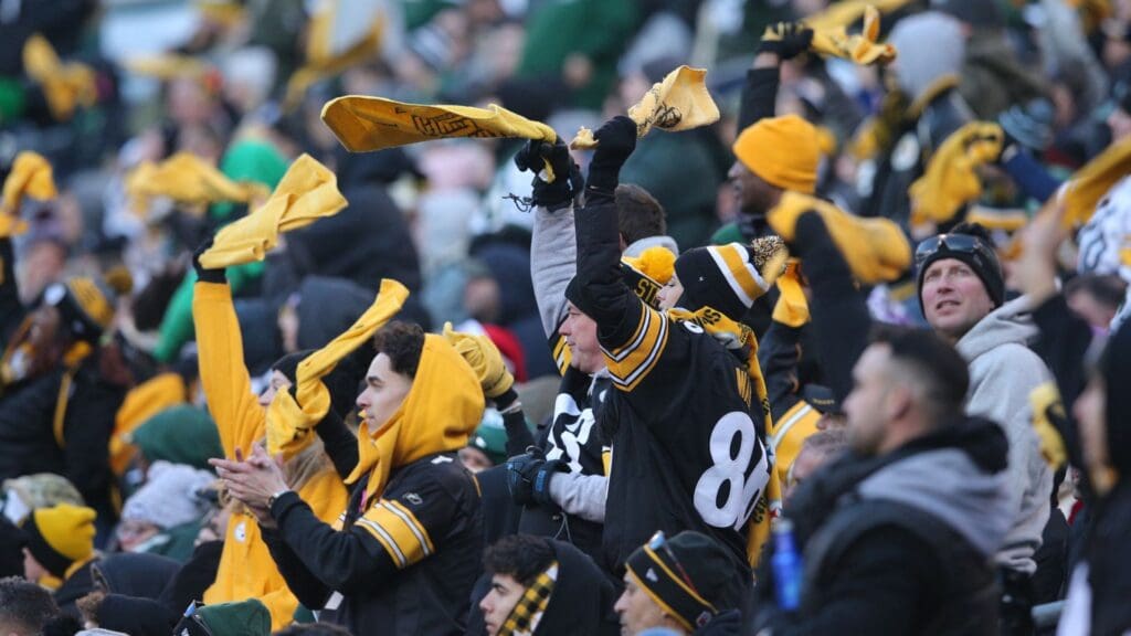 Dec 22, 2019; East Rutherford, New Jersey, USA; Fans of the Pittsburgh Steelers wave their terrible towels during the third quarter against the New York Jets at MetLife Stadium