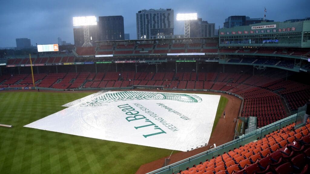 Oct 4, 2022; Boston, Massachusetts, USA; A general view of the trap on the infield prior to a game between the Boston Red Sox and Tampa Bay Rays at Fenway Park