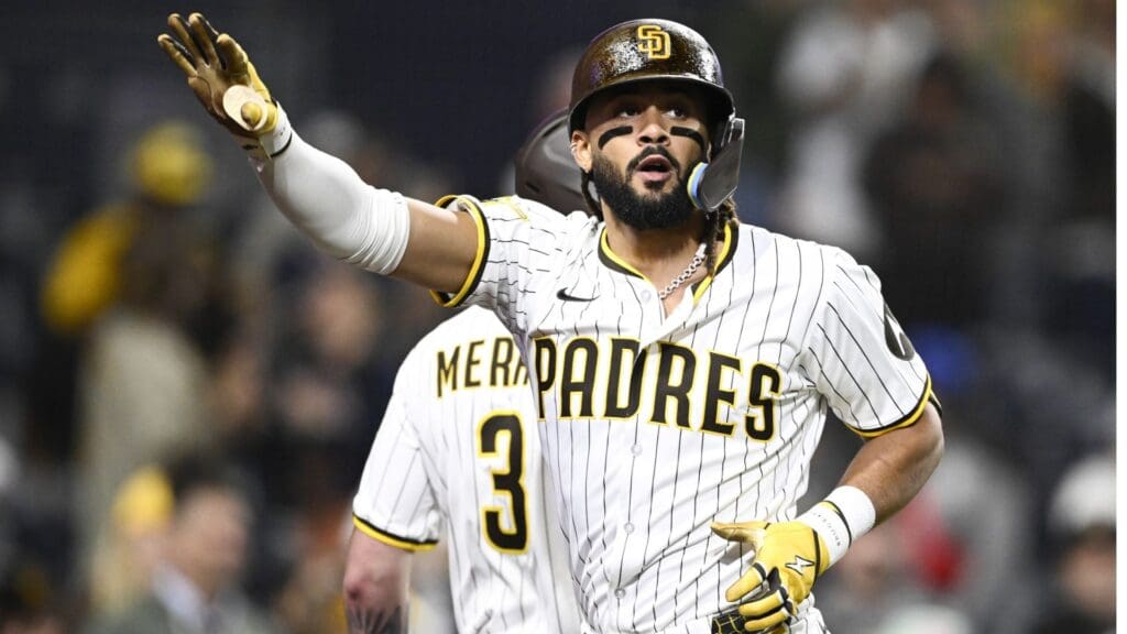 Jun 23, 2025; San Diego, California, USA; San Diego Padres right fielder Fernando Tatis Jr. (23) celebrates after hitting a solo home run during the ninth inning against the Washington Nationals at Petco Park.