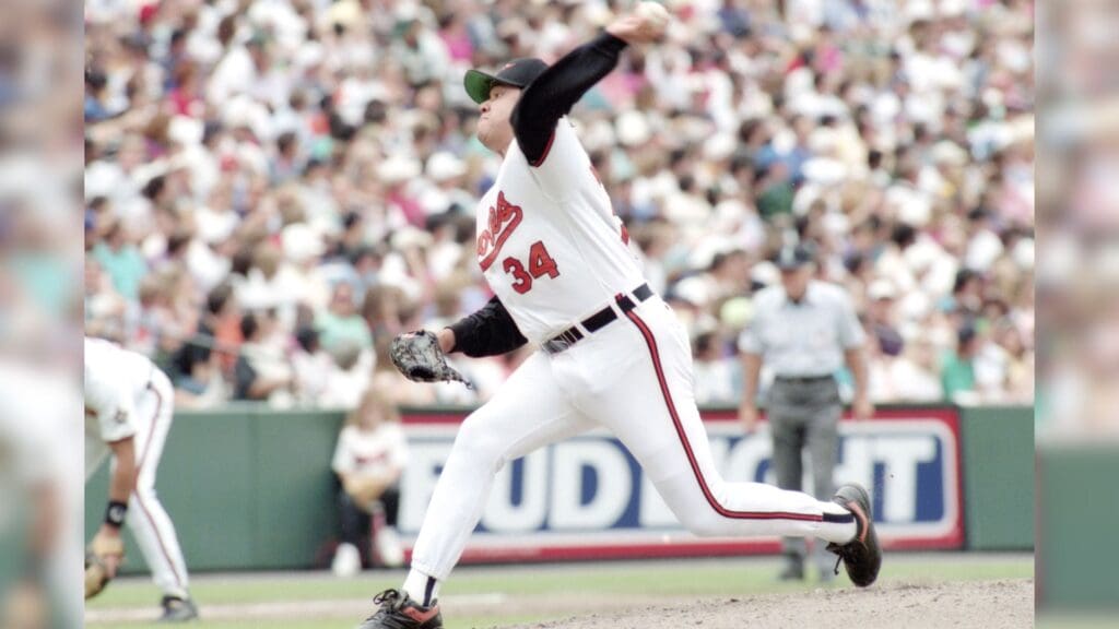 May 23, 1993; Baltimore, MD; Baltimore Orioles pitcher Fernando Valenzuela during a game on May 23, 1993.