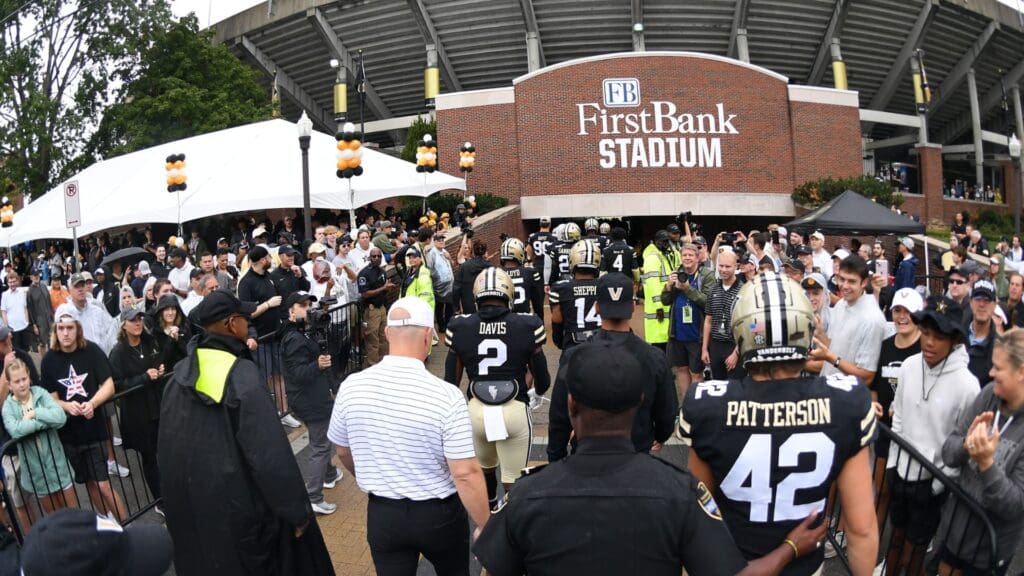 Sep 10, 2022; Nashville, Tennessee, USA; Vanderbilt Commodores head coach Clark Lea walks to the field during Star Walk before the game against the Wake Forest Demon Deacons at FirstBank Stadium