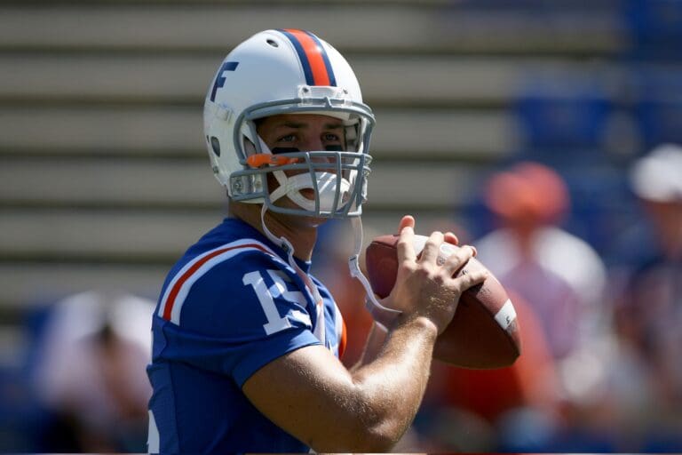 Sep 30, 2006; Gainesville, FL, USA; Florida Gators quarterback (15) Tim Tebow warms up prior to a game against the Alabama Crimson Tide at Ben Hill Griffin Stadium in Gainesville, FL.