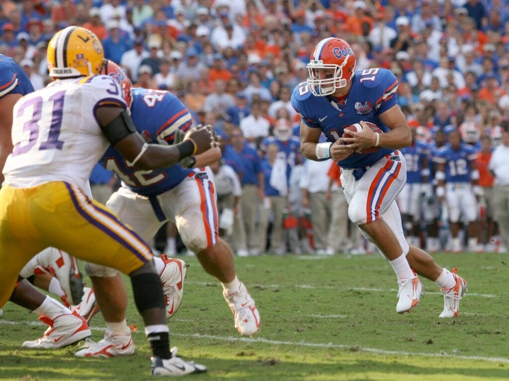 Oct 7, 2006; Gainesville, FL, USA; Florida Gators quarterback (15) Tim Tebow runs during the second quarter against the LSU Tigers at Ben Hill Griffin Stadium in Gainesville, FL.