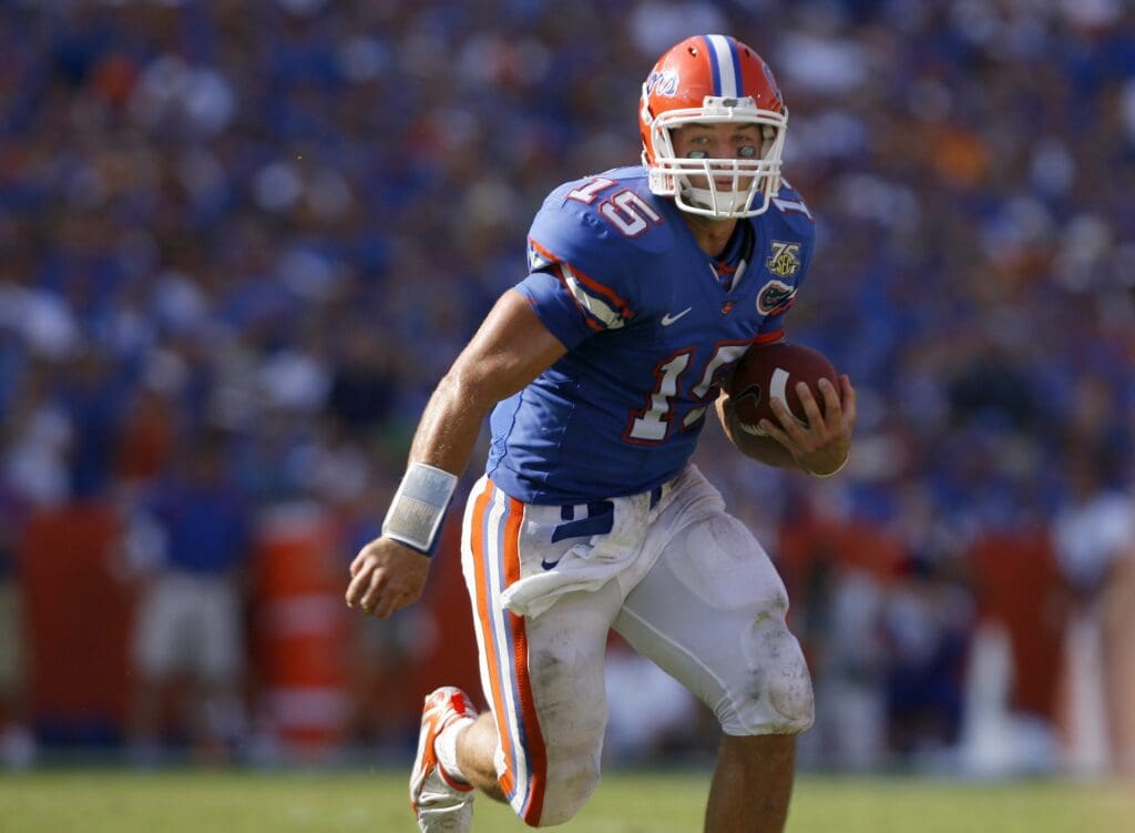 Sep 15, 2007; Gainesville, FL, USA; Florida Gators quarterback Tim Tebow (15) runs during the second quarter against the Tennessee Volunteers at Ben Hill Griffin Stadium in Gainesville, FL. Florida won 59-20.