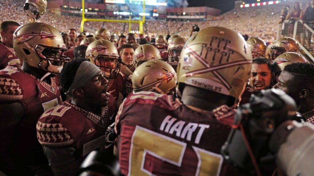 Sep 20, 2014; Tallahassee, FL, USA; The Florida State Seminoles team celebrates after an overtime win against the Clemson Tigers at Doak Campbell Stadium.