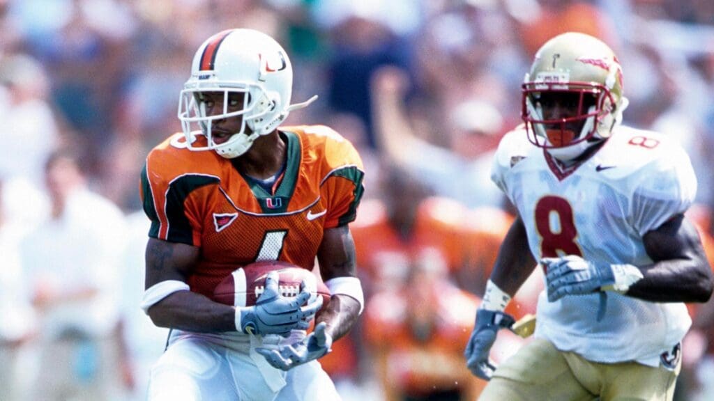 Oct 28, 2000; Miami, FL, USA; FILE PHOTO; Miami Hurricanes wide receiver Santana Moss (1) in action against the Florida State Seminoles at Sun Life Stadium.