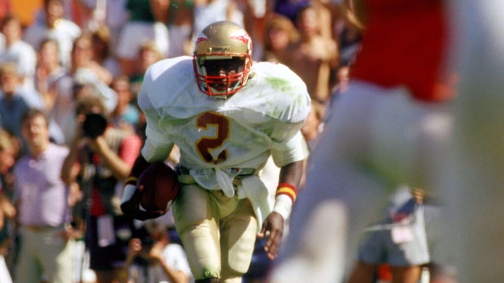 Nov 1, 1986; Miami, FL, USA; FILE PHOTO; Florida State Seminoles cornerback #2 DEION SANDERS in action against the Miami Hurricanes at the Orange Bowl. Miami defeated Florida State 41-23.