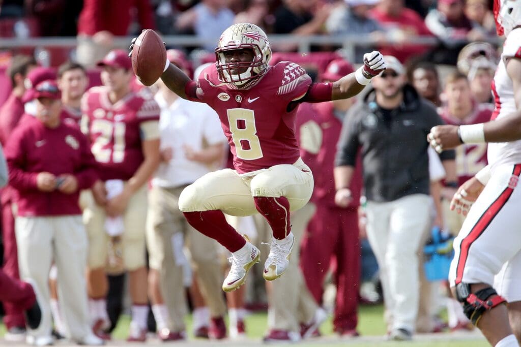 Nov 14, 2015; Tallahassee, FL, USA; Florida State Seminoles defensive back Jalen Ramsey celebrates a turnover against the North Carolina State Wolfpack at Doak Campbell Stadium.
