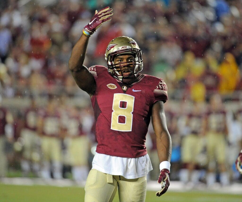 Sep 5, 2015; Tallahassee, FL, USA; Florida State Seminoles defensive back Jalen Ramsey (8) pumps up the crowd during the first half of the game against the Texas State Bobcats at Doak Campbell Stadium.