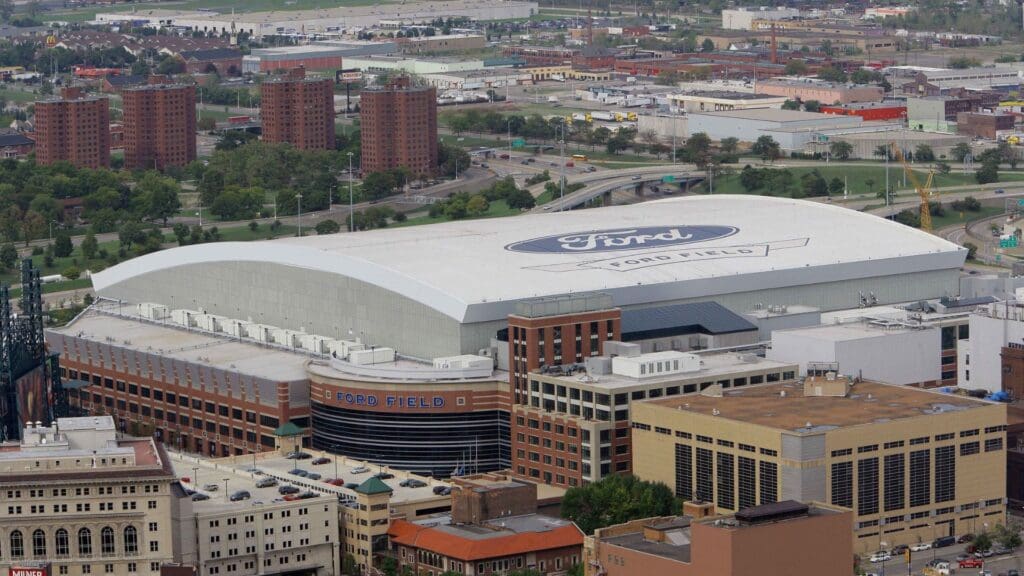 Sep 28, 2005; Detroit, MI, USA; Ford Field, home of the Detroit Lions and the host stadium of Super Bowl XL on February 6, 2006, taken from the roof of the Penobscot Building in downtown Detroit.