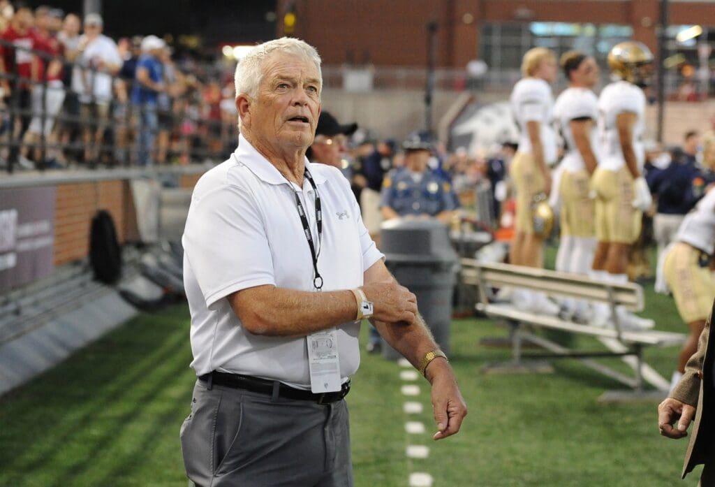 Sep 2, 2017; Pullman, WA, USA; Former Washington State Cougars head football coach Dennis Erickson looks on during a game against the Montana State Bobcats in the first half at Martin Stadium