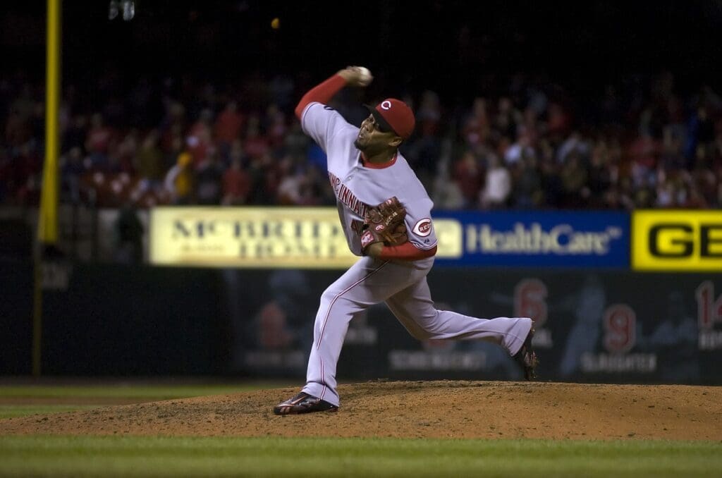 April 28, 2008; St, Louis, MO, USA; Cincinnati Reds relief pitcher Francisco Cordero (48) delivers a pitch in the ninth inning against the St. Louis Cardinals at Busch Stadium. Francisco got his forth save of the season and Cincinnati defeated St. Louis 4-3.