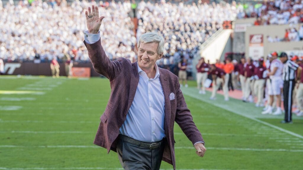 Sep 23, 2017; Blacksburg, VA, USA; Longtime Virginia Tech Hokies head coach Frank Beamer waves to the crowd after the fourth quarter against the Old Dominion Monarchs at Lane Stadium.