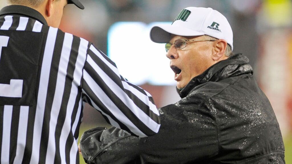 November 16, 2010; Philadelphia, PA USA; Ohio Bobcats head coach Frank Solich questions a call during game against the Temple Owls at Lincoln Financial Field