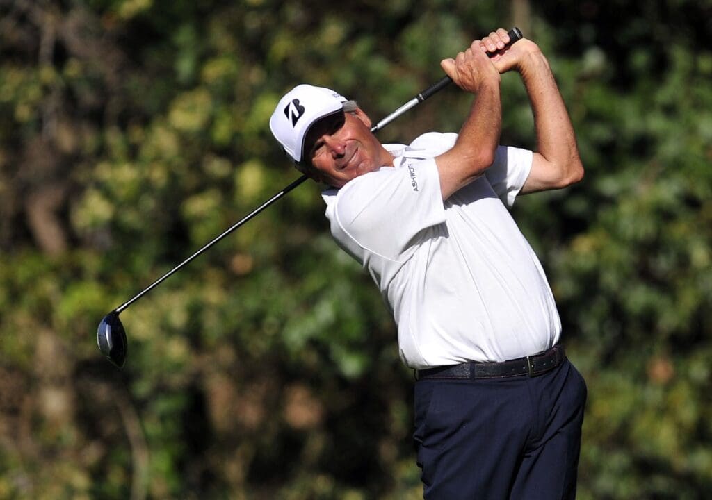 February 13, 2014; Pacific Palisades, CA, USA; Fred Couples hits from the twelfth hole tee during the first round at Riviera Country Club.