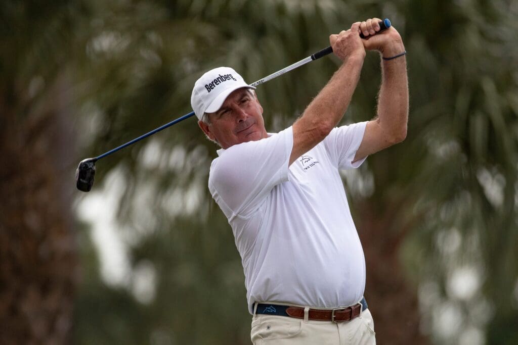 Fred Couples of Newport Beach, California, tees off at the 10th hole during the first day of the Chubb Classic, Friday, Feb. 14, 2020, at Lely Resort in Lely, Florida. Ndn 0213 Ja Chubb Classic 080