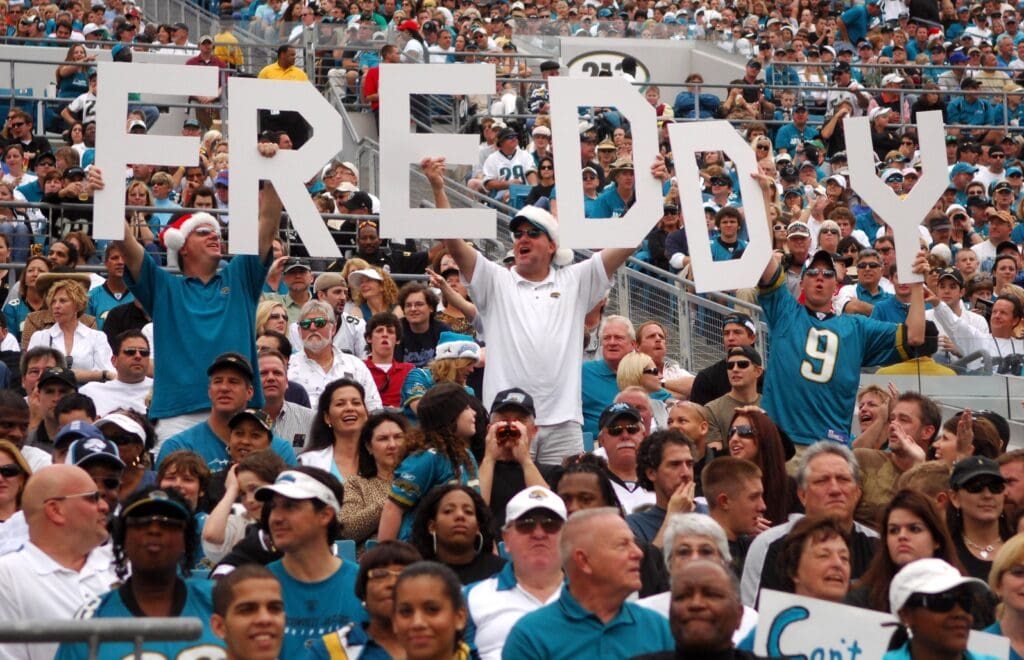Dec 23, 2007; Jacksonville, FL, USA; Jacksonville Jaguars fans cheer for running back Fred Taylor during 49-11 victory over the Oakland Raiders at Jacksonville Municipal Stadium.