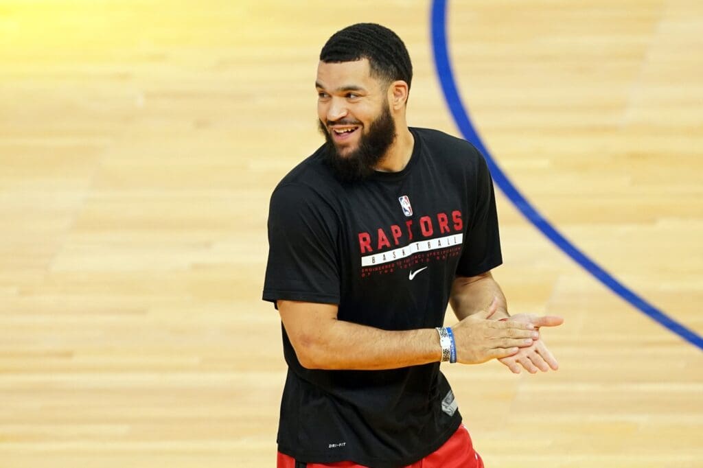 Jan 10, 2021; San Francisco, California, USA; Toronto Raptors guard Fred VanVleet (23) smiles on the court before the game against the Golden State Warriors at Chase Center.