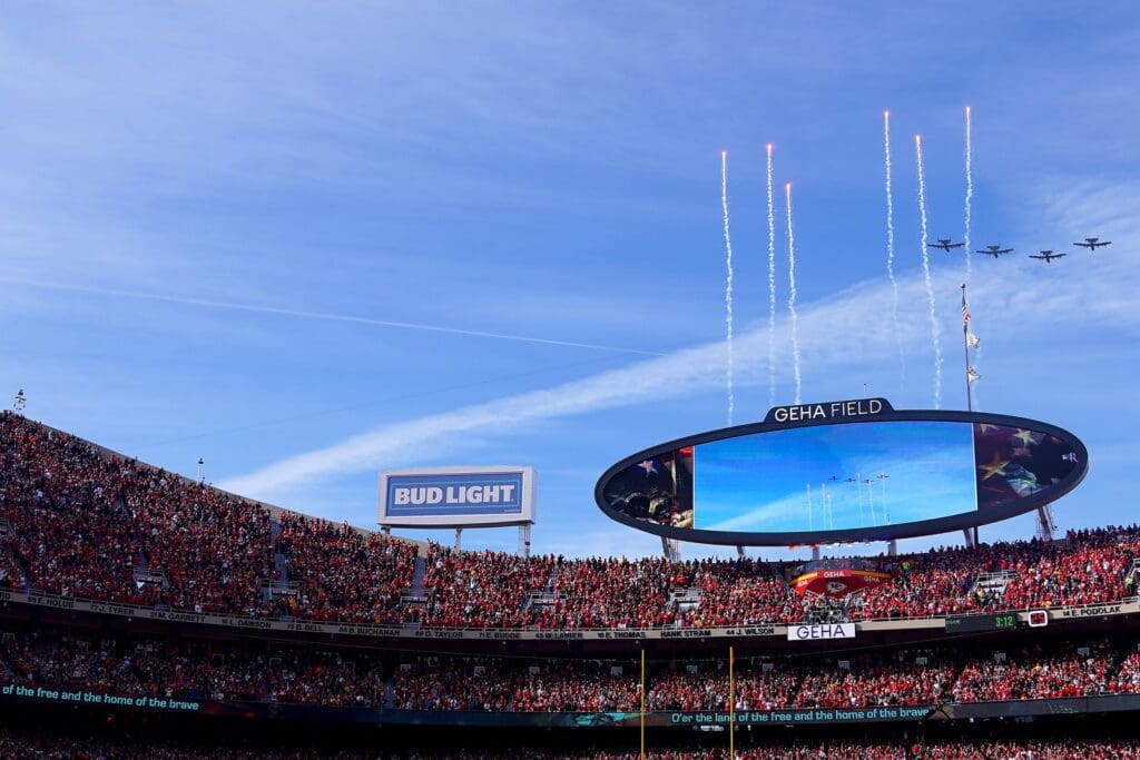 Military planes flyover as fireworks are fired before the first quarter during the AFC championship NFL football game between the Cincinnati Bengals and the Kansas City Chiefs, Sunday, Jan. 30, 2022, at GEHA Field at Arrowhead Stadium in Kansas City, Missouri.