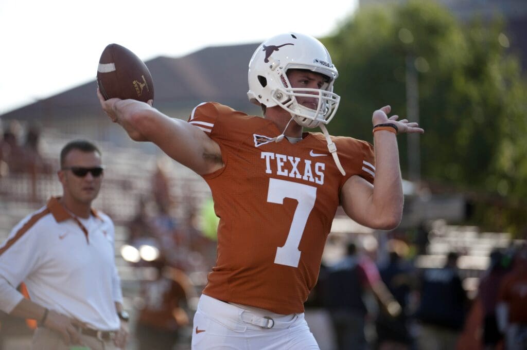 Sept 3 2011; Austin, TX, USA; Texas Longhorns quarterback Garrett Gilbert (7) warms up prior to game against the Rice Owls at Texas Memorial Stadium.