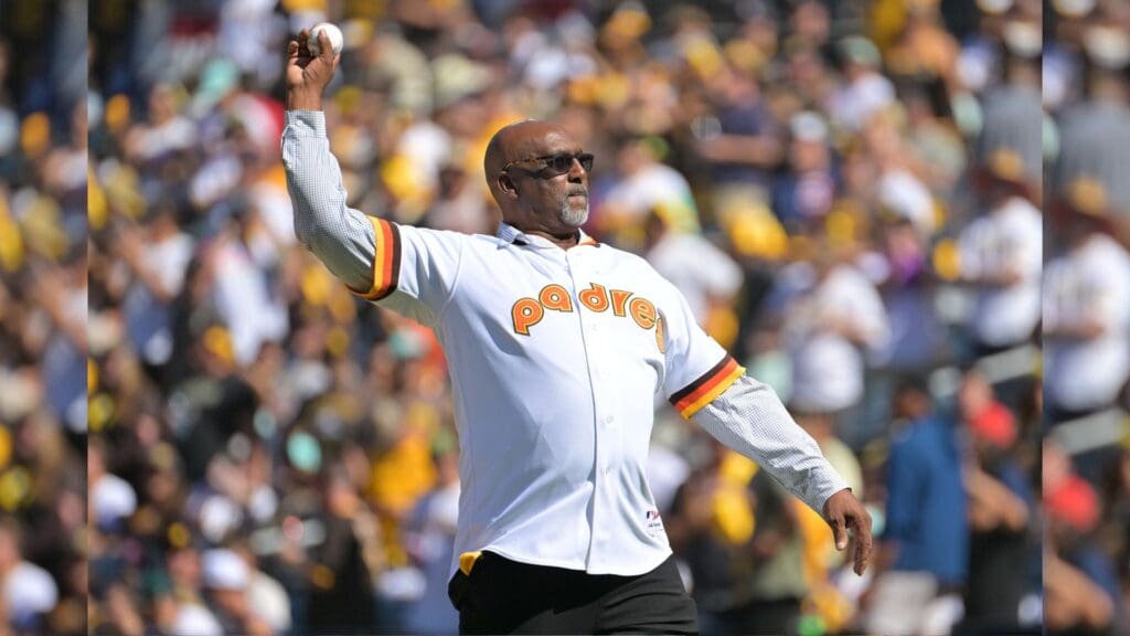 Oct 19, 2022; San Diego, California, USA; Former San Diego Padres play Garry Templeton throws out the first pitch in the game between the San Diego Padres and the Philadelphia Phillies during game two of the NLCS for the 2022 MLB Playoffs at Petco Park.