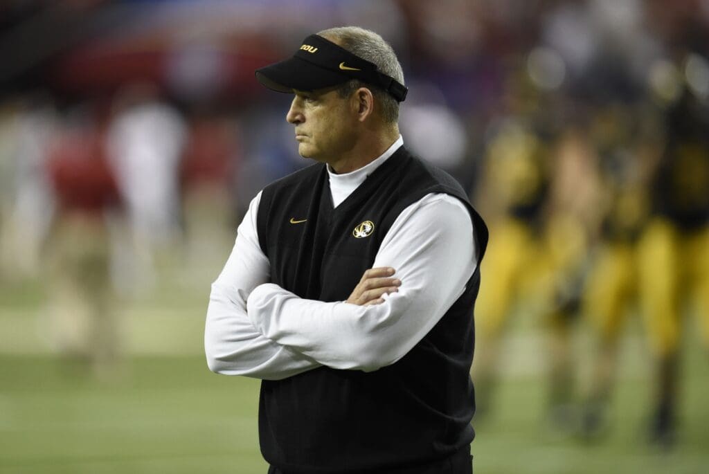 Dec 6, 2014; Atlanta, GA, USA; Missouri Tigers head coach Gary Pinkel on the field prior to the game against the Alabama Crimson Tide during the 2014 SEC Championship Game at the Georgia Dome.