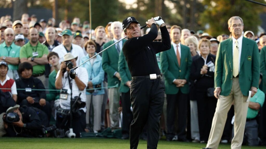 Apr 9, 2015; Augusta, GA, USA; Honorary starter Gary Player hits a ceremonial tee shot on the first tee during the first round of The Masters golf tournament at Augusta National Golf Club.