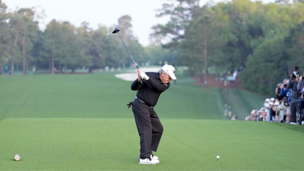 Apr 10, 2025; Augusta, Georgia, USA; Gary Player tees off on no. 1 as an honorary starter during the first round of the Masters Tournament.