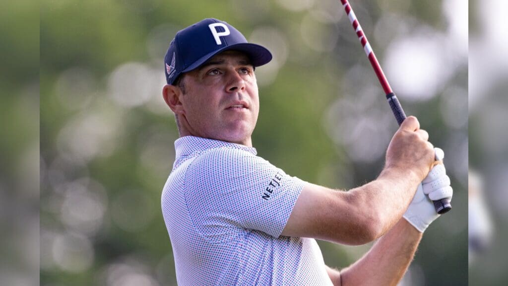 Jun 20, 2025; Cromwell, Connecticut, USA; Gary Woodland plays his shot from the first tee during the second round of the Travelers Championship golf tournament.