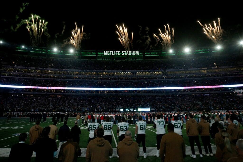 Nov 6, 2023; East Rutherford, New Jersey, USA; General view of MetLife Stadium as fireworks explode during the national anthem before a game between the New York Jets and the Los Angeles Chargers