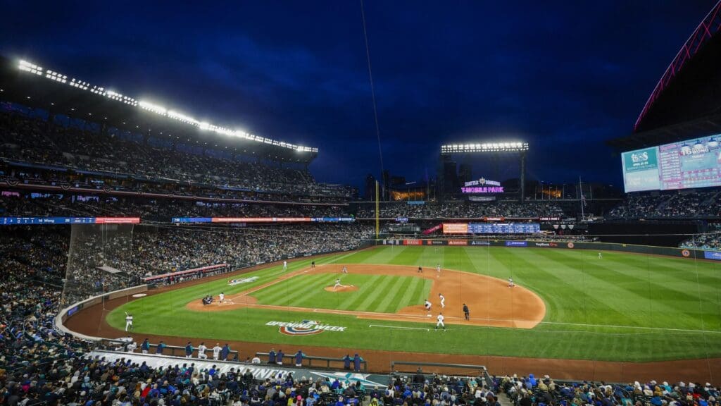 Mar 30, 2023; Seattle, Washington, USA; General view of T-Mobile Park during the third inning of a game between the Cleveland Guardians and Seattle Mariners