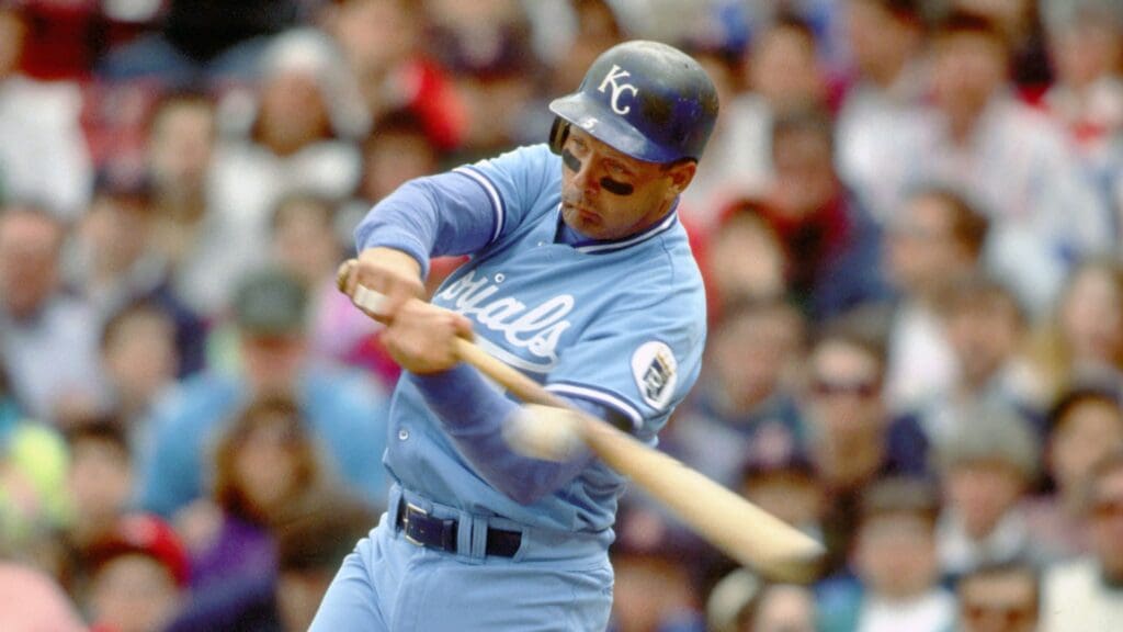 Apr 16, 1991; Boston, MA, USA; FILE PHOTO; Kansas City Royals 1st baseman #5 GEORGE BRETT in action against the Boston Red Sox at Fenway Park.
