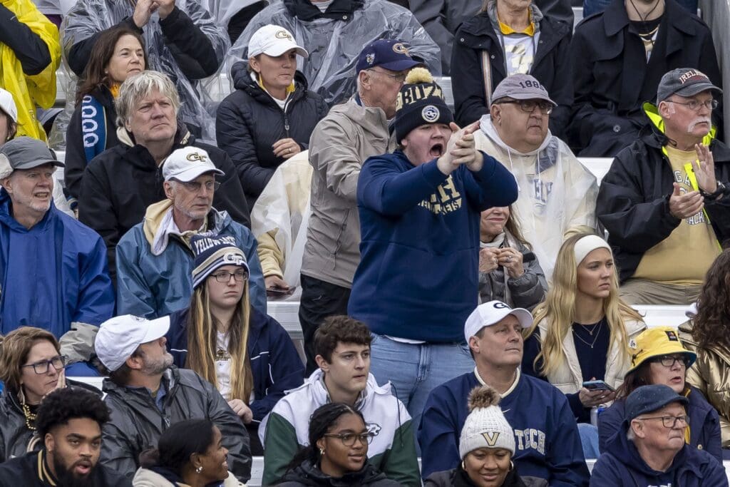 Georgia Tech Yellow Jackets fans react during the first half of the 2024 Birmingham Bowl at Protective Stadium.